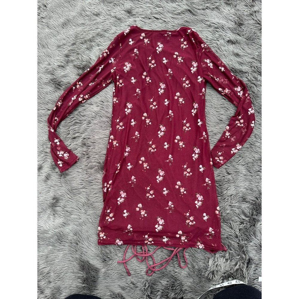 Vibe Sportswear Womans Large Burgundy Dress Floral Long Sheer Sleeve Short Lined - Picture 6 of 8